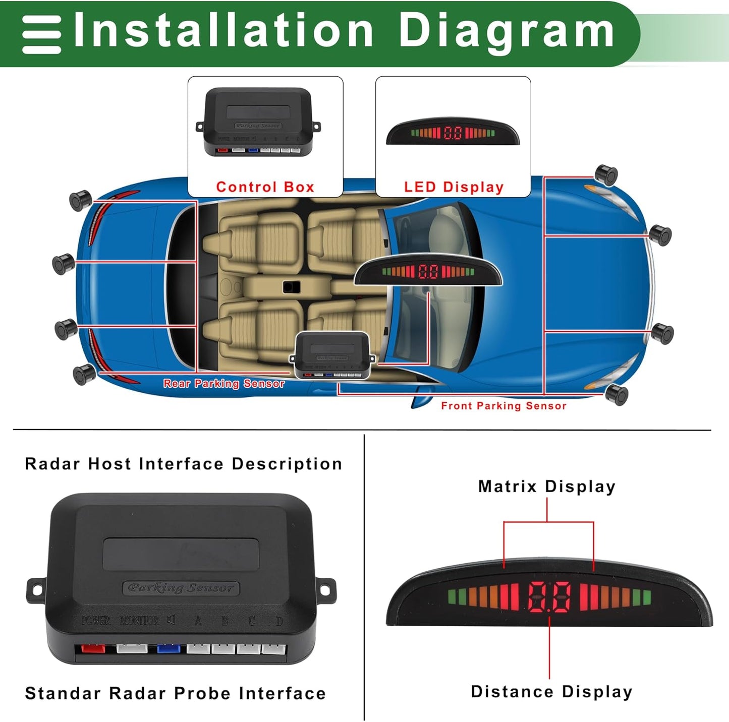 Motoforti Universal Car Auto Vehicle Reverse Backup Radar System Reverse Parking Sensors Alarm Buzzer Reminder Distance Detection Black 4Parking Sensors