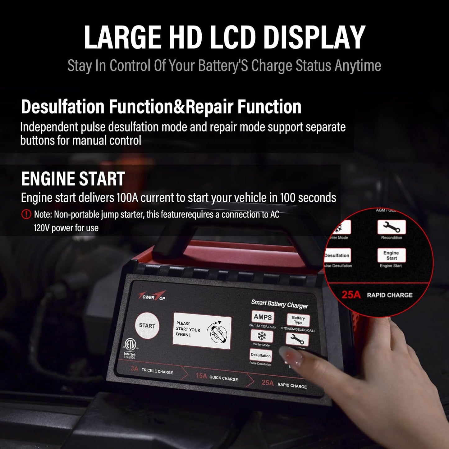 TowerTop 3/15/25 Amp Car Battery Charger, 12V Fully Automatic Smart Battery Maintainer with Engine Start, Auto Desulfator, Battery Repair, for All Lead-Acid and LiFePO4 Batteries