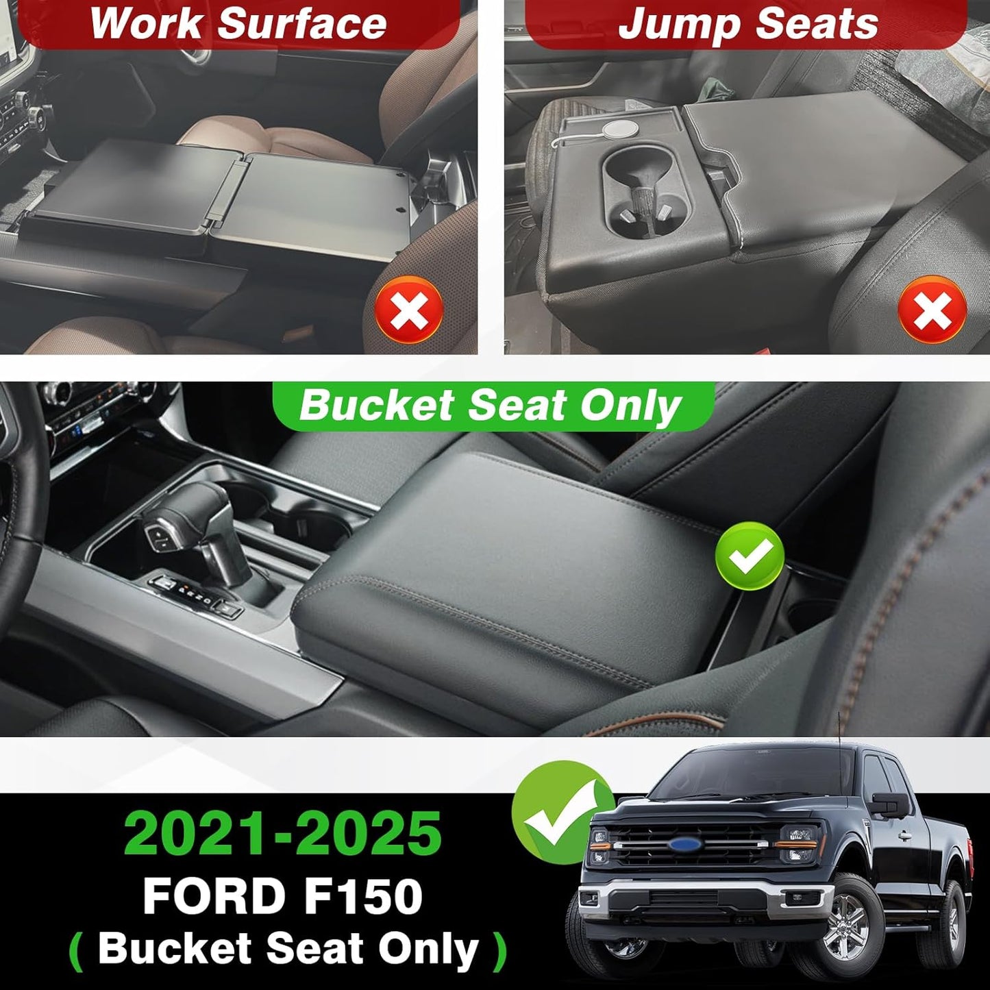 Muslogy Center Console Armrest Cover Compatible with Ford F150 2021-2024 2025 Comfort Armrest Pad Arm Rest Cushion Vegan Leather Protector Regular Thick(Bucket Seat ONLY)