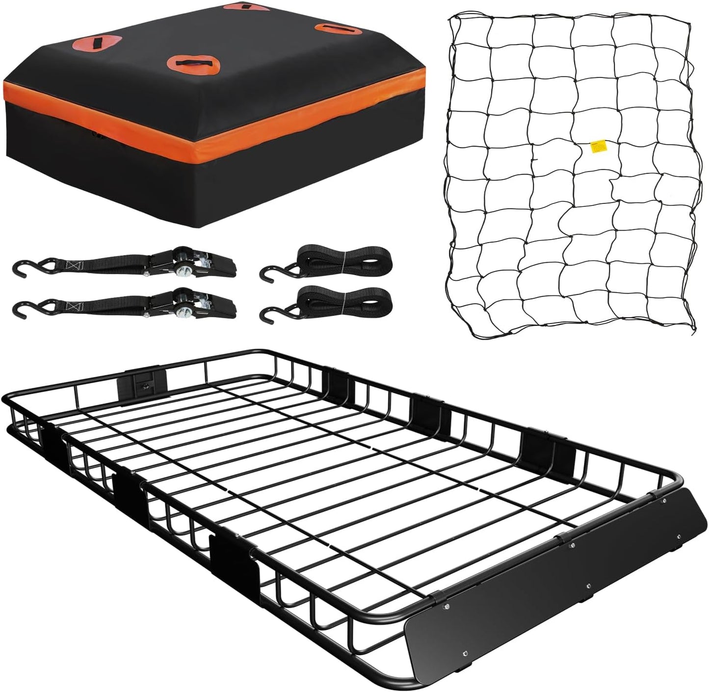 WEIZE Roof Rack Carrier Basket Universal Rooftop 64" x 39" x 5" Large Size Roof Rack + Waterproof Bag, Cargo Net with Attachment Hooks, Ratchet Straps for SUV, Truck