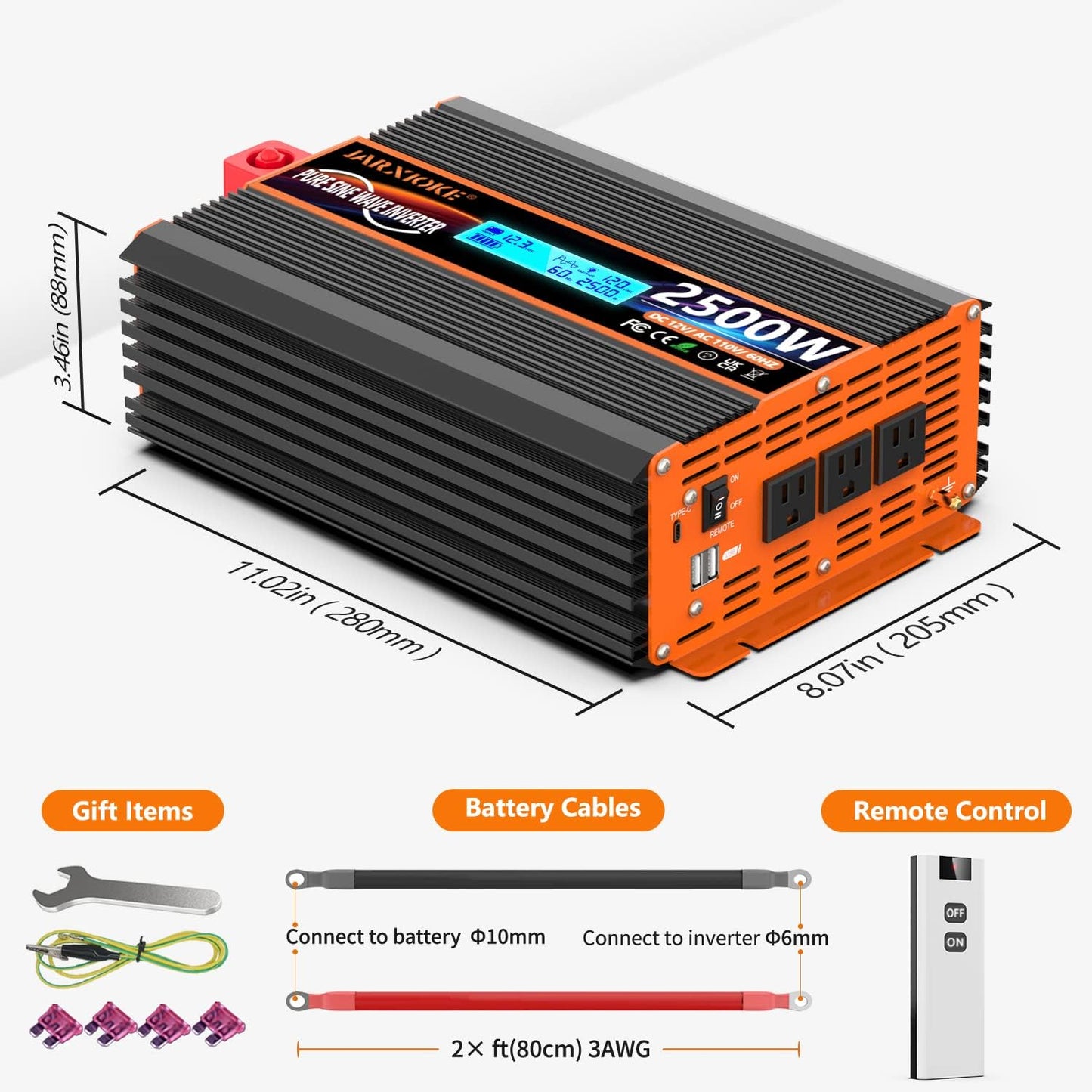 2500 Watt Pure Sine Wave Power Inverter 12V DC to 110V 120V Converter for Family RV Off Grid Solar System Car with Type-C Ports 3 AC Power Outlets Dual USB Ports LCD Display Wireless Remote Control