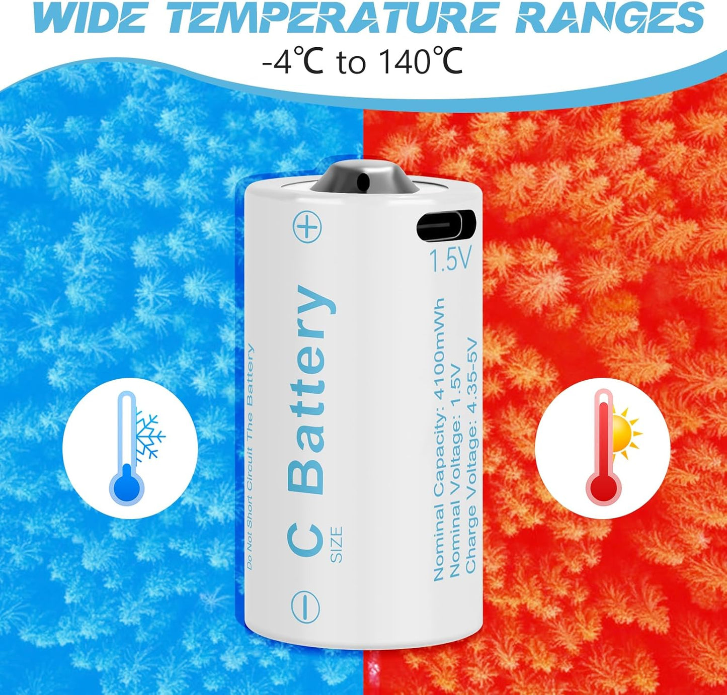 Rechargeable Lithium C Battery 4 Pack, Batteries c Size，Long Lasting1.5V C Batteries Rechargeable with 4 in 1 USB-C Charge Cable for Television Remote, Flashlights