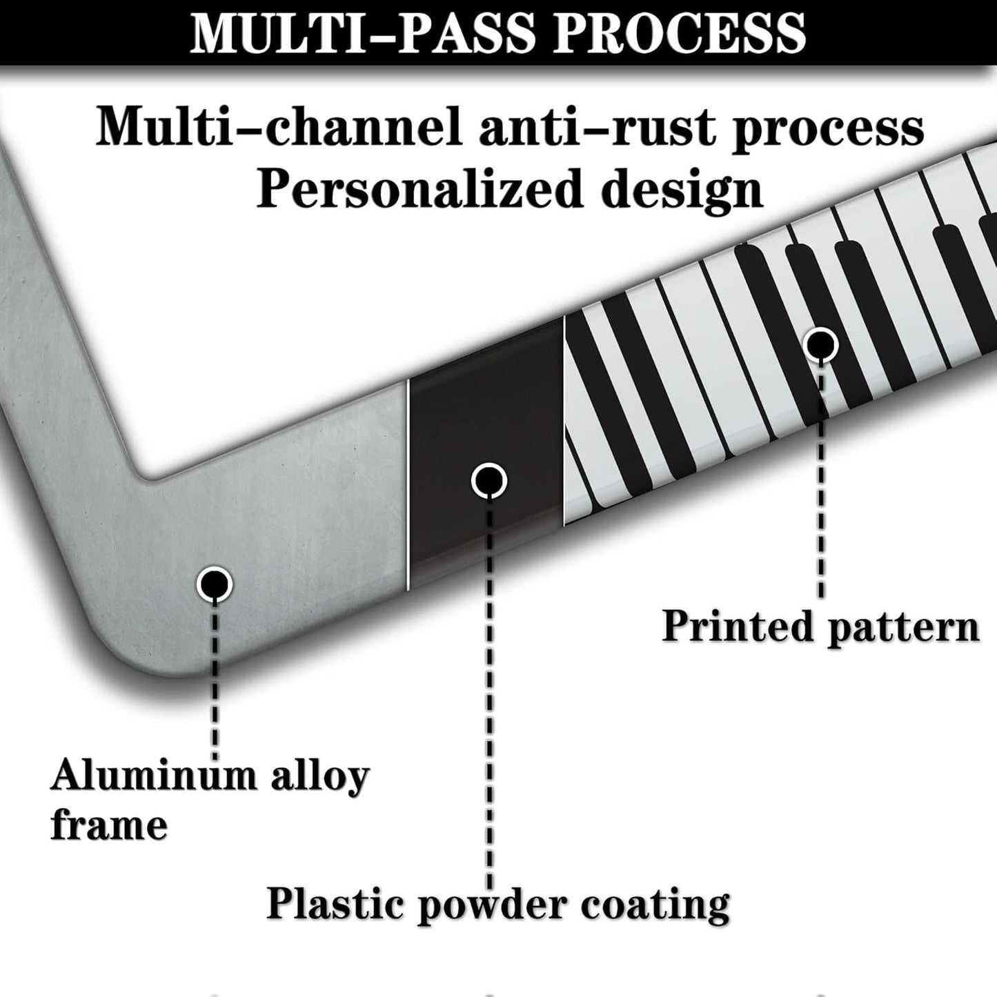 License Plate Bracket Black and White License Plate Frames Beautiful Piano Keys Music Notes Aluminum Metal Car Accessory 2 Pack with Screw Covers Set