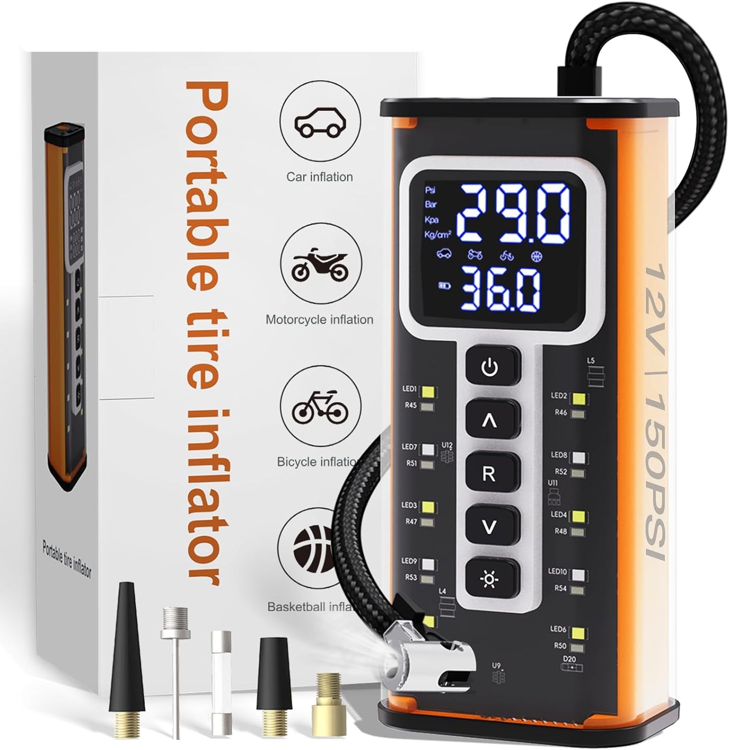 Tire Inflator Portable Air Compressor, Air Pump for Car Tires 5X Faster 150 Psi Digital Pressure Gauge, LED Light and Auto Shut-off Cordless Pocket Portable Pump for Car, Motorcycle, Bike, Balls etc.