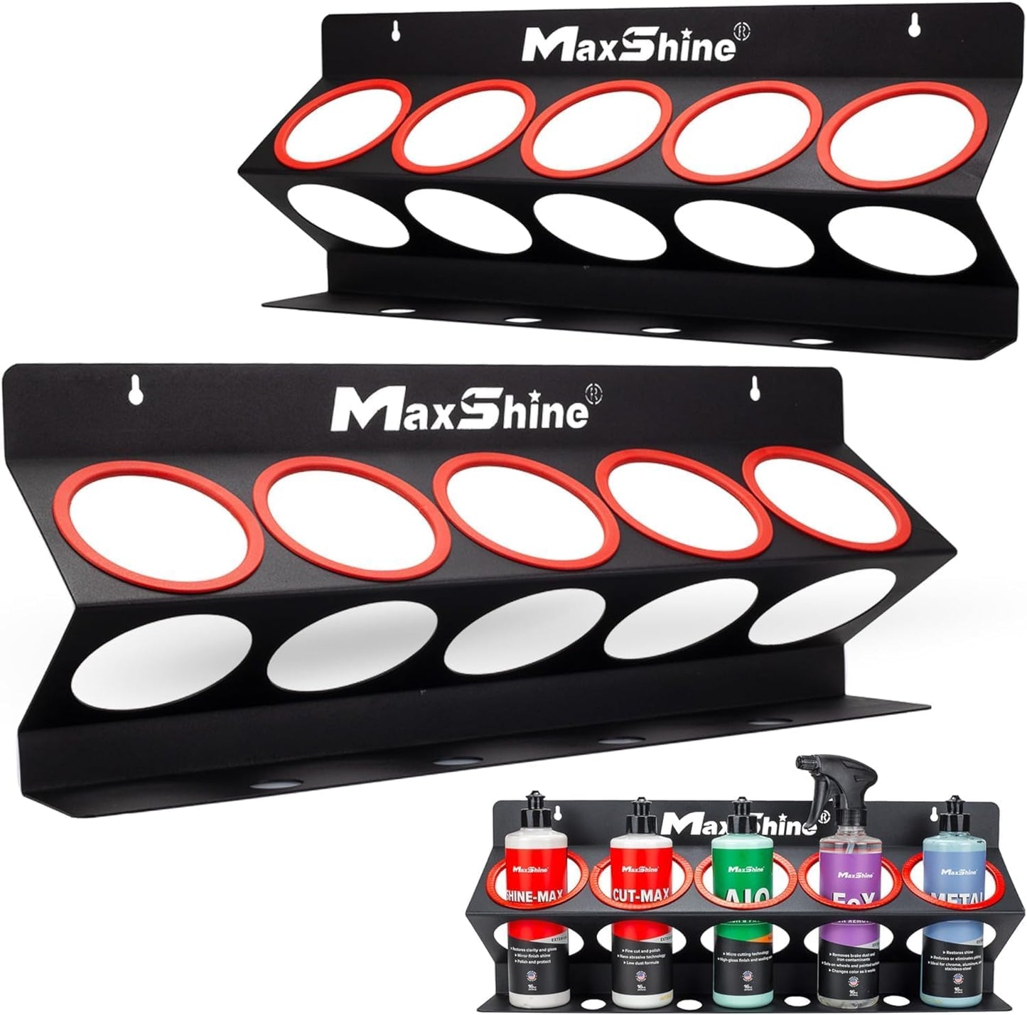 Maxshine Universal Detailing Spray Bottle Holder - Mobile Detailing & Car Garage Organizer, Holds 5 Sprayers (16oz) with 4 Small Holes, Lightweight Design, Easy Wall Mounting (Set 2)