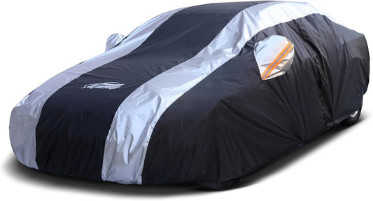 Large Car Covers Waterproof for All Weather Protection with Silver Stripe Design, Car Cover for Automobiles Universal Fit Cadillac Deville, Lincoln Continental Town, Ford Crown Victoria