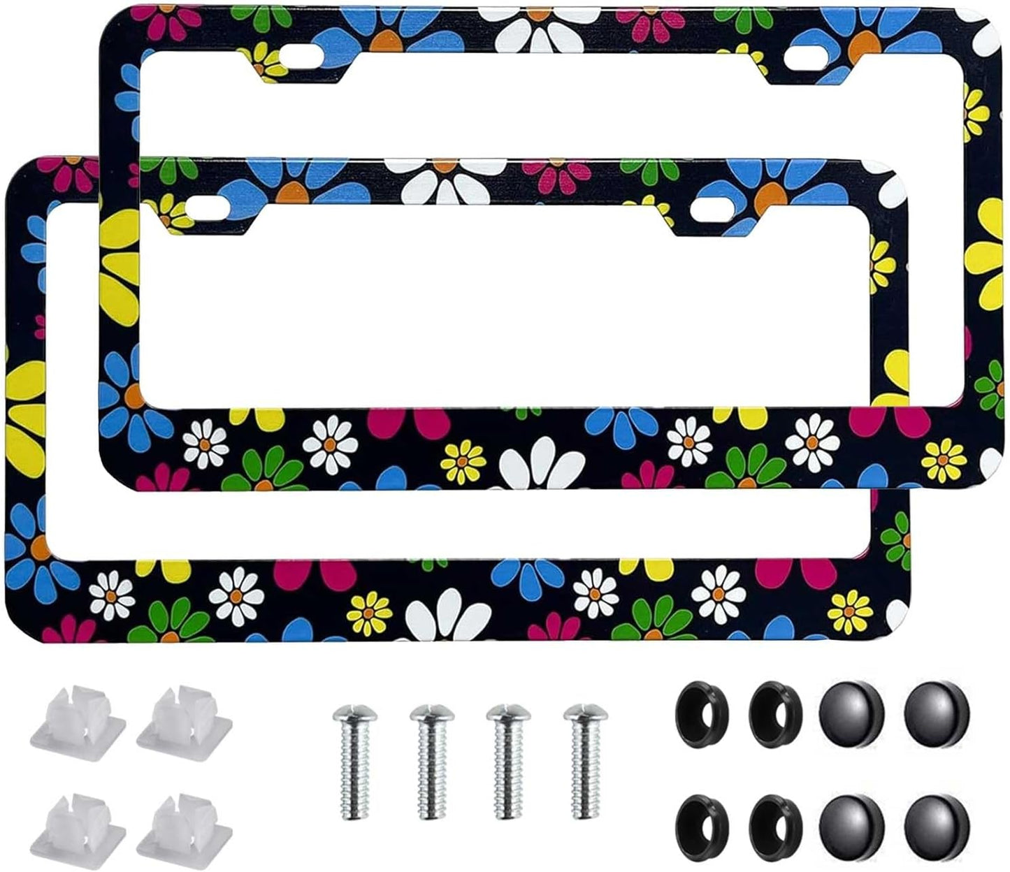 Hippie Flower License Plate Frame-2 Pack Colorful Daisy Blossom License Plate Cover Frame Aluminium Hippie Car Plate Frames Holder Cover Fit US Vehicles