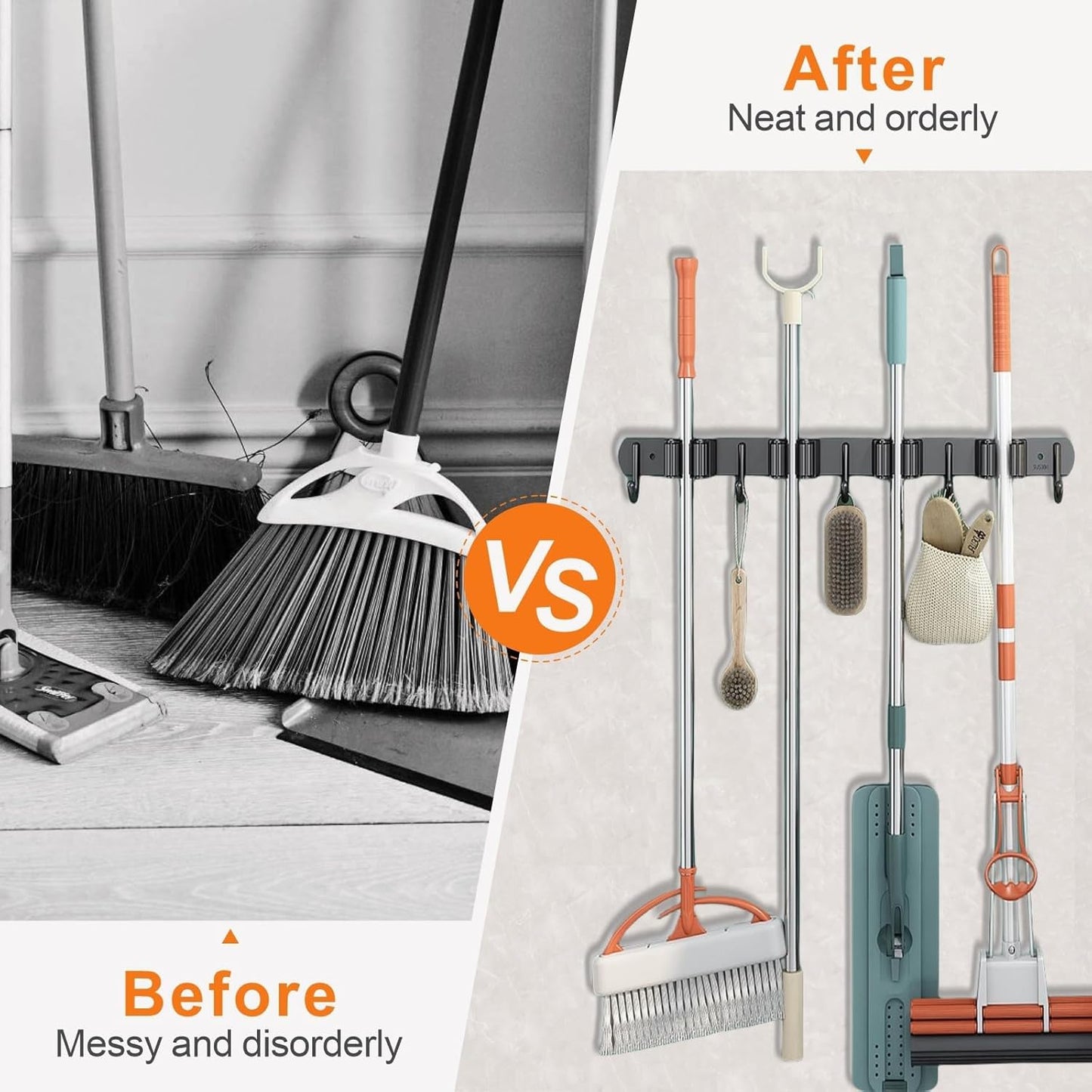 Mop and Broom Holder Wall Mount, Upgraded Broom Organizer Wall Mount, Stainless Steel Broom Hanger Wall Mount for Kitchen Garden Laundry Room Decor(4 Racks with 5 Hooks Black)