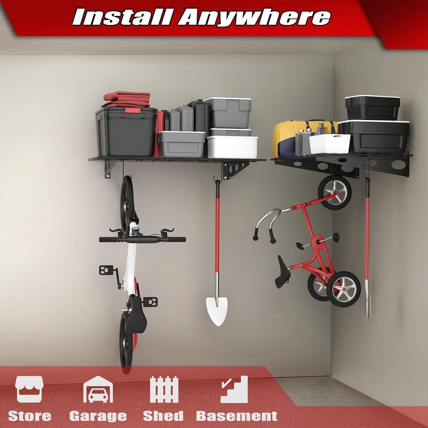 WALMANN 2 Pack Garage Wall Shelves, 2 x 4 ft/24 * 48 inch Wall Mounted Storage Shelves for Garage Heavy Duty Wall Shelving, Holds Up to 220 Lbs(Black)