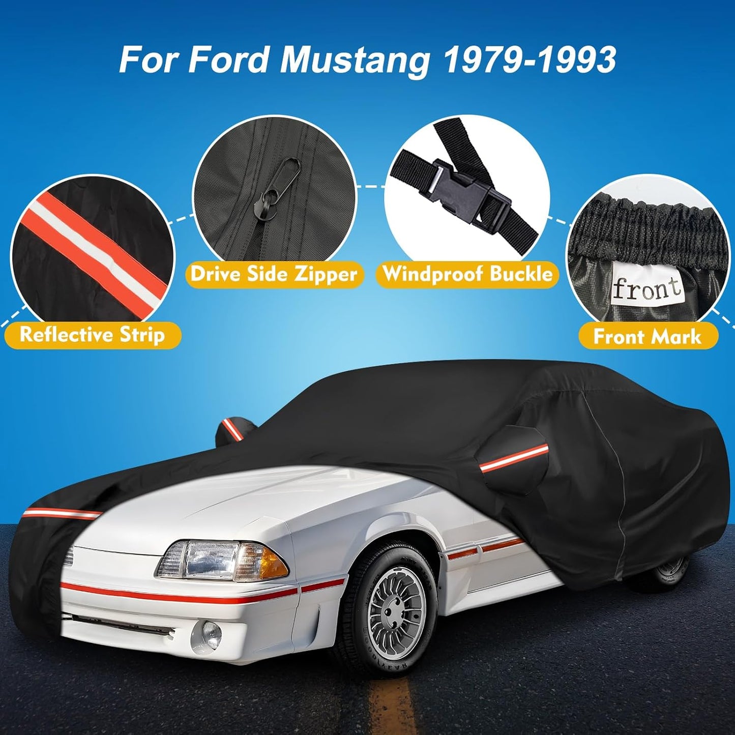 QUNSUNUS Waterproof Car Cover for Ford Mustang 1979-1993, Outdoor Car Covers with Zipper, All Weather Full Exterior Cover with Straps and Elastic Edges for Wind, Sun, UV and Dust Protection