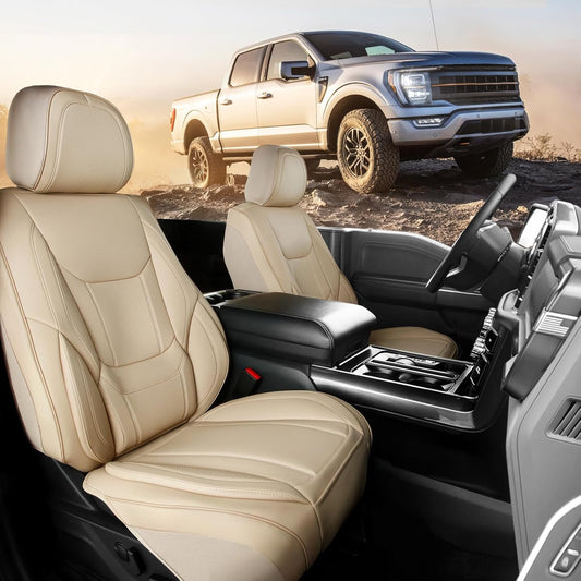 Coverland Custom Car Seat Covers Compatible with Ranger, Titan, Ram 1500 - Premium Faux Leather Non-Slip Memory Foam Waterproof Custom Fit Interior Protector Front Seat-Beige [See Size Chart-Size A20]