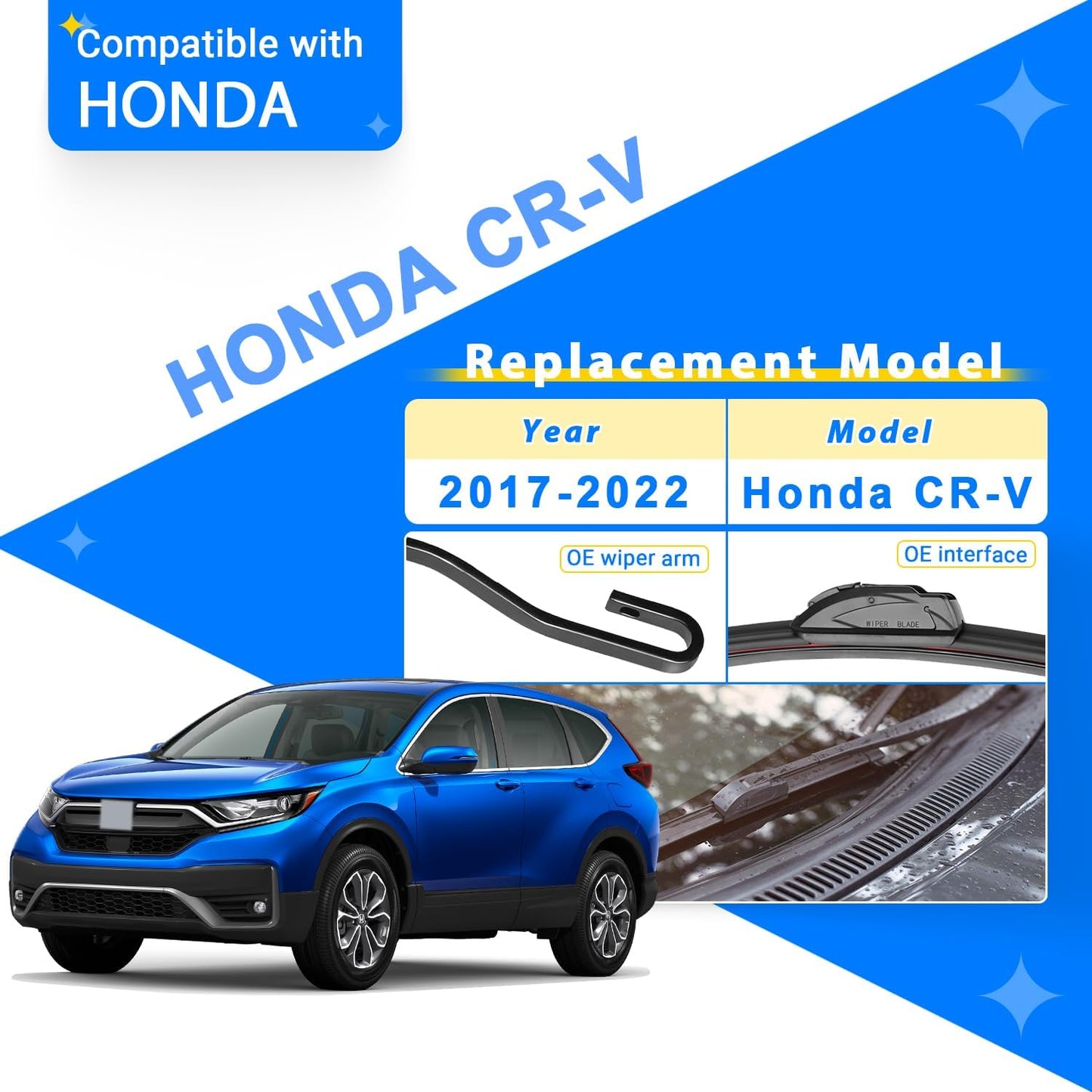 Windshield Wiper Blades Replacement for Honda CRV CR-V 2017 2018 2019 2020 2021 2022 Original Factory Quality Front Rear Wipers Blade Set for My Car - 26" 17" 12" (Pack of 3)