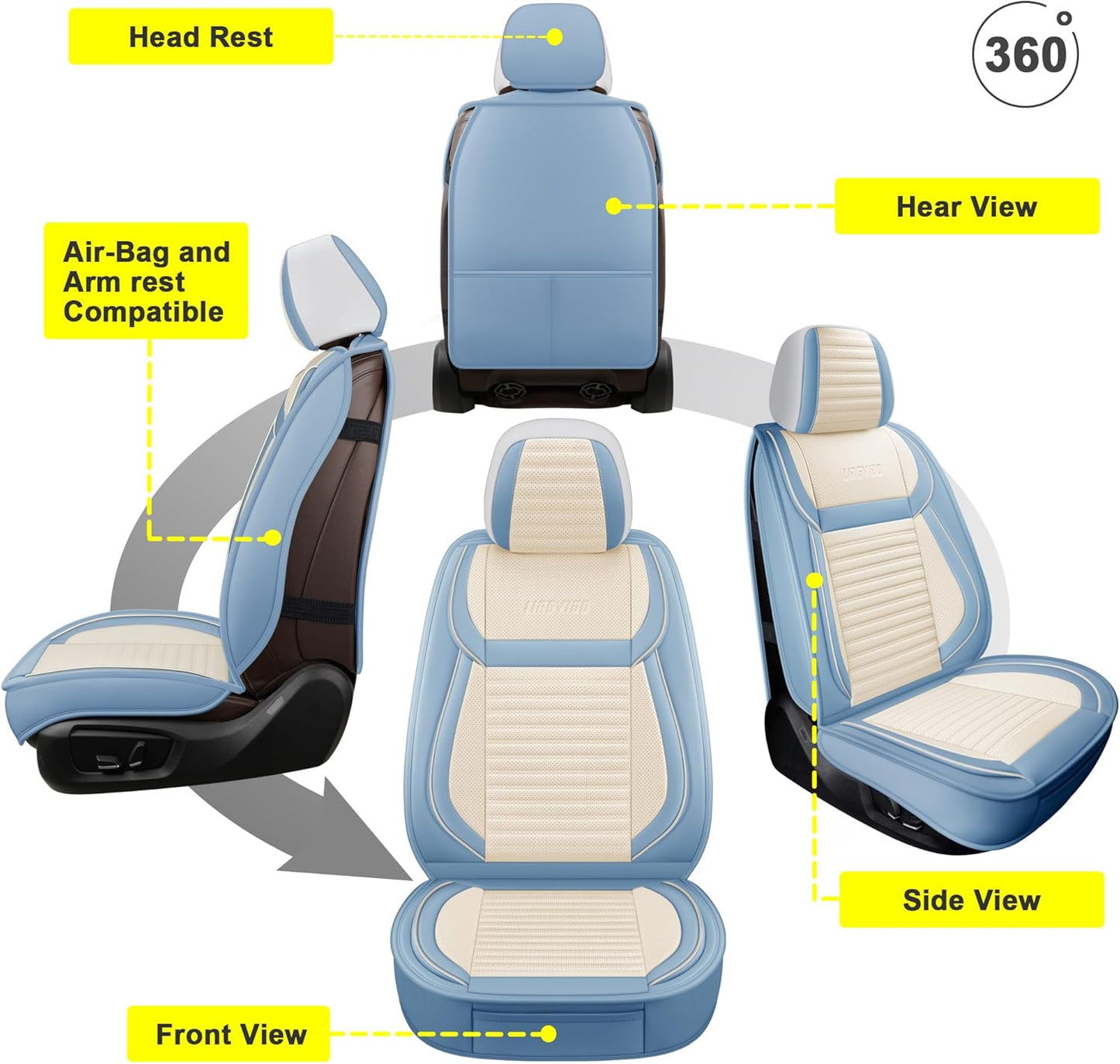 LINGVIDO Car Seat Covers, Breathable and Waterproof Faux Leather Automotive Seat Covers for Cars SUV Truck Sedan,Universal Anti-Slip Seat Cover with Backrest (Full Set, White & Light Blue)