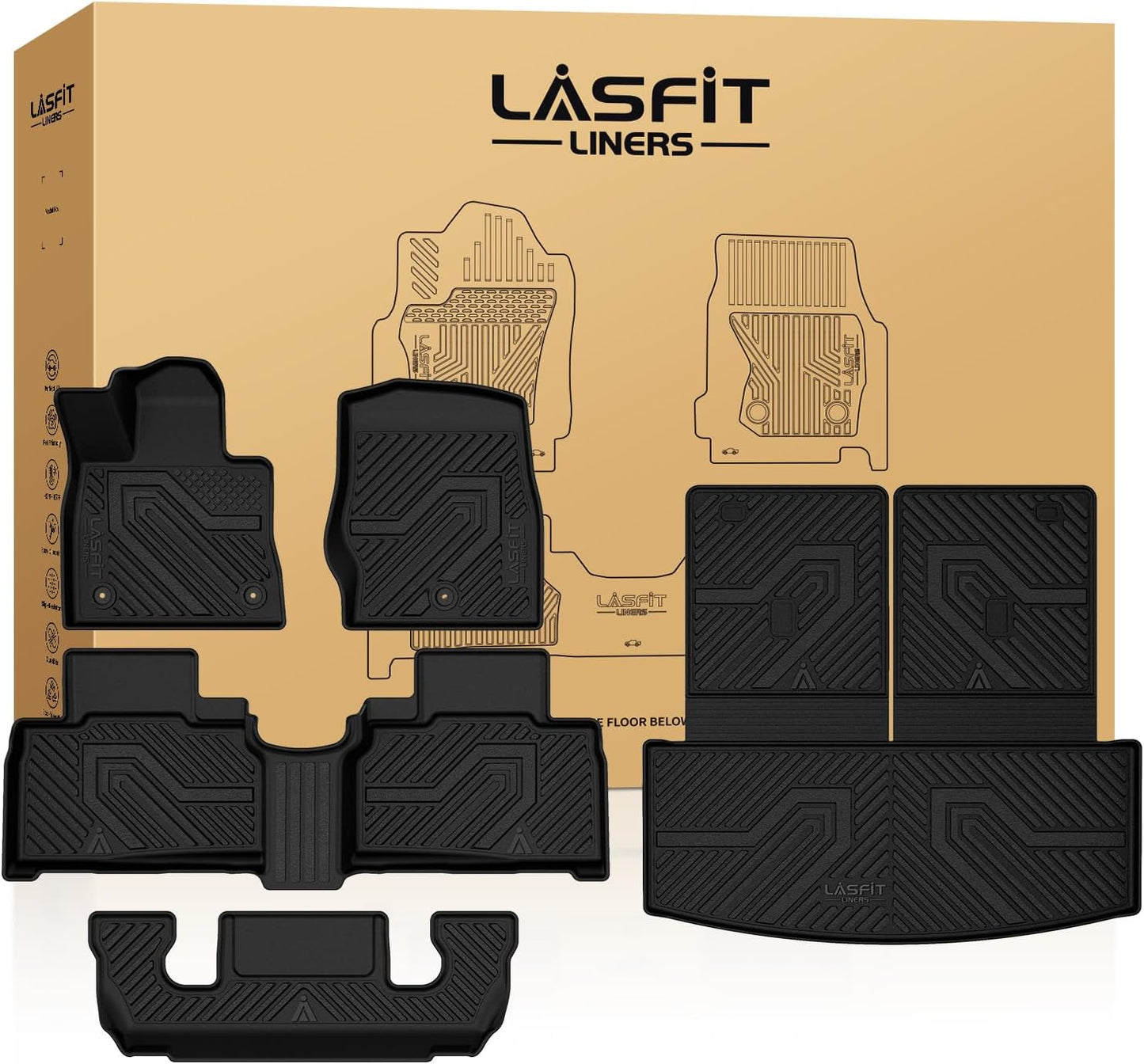 LASFIT Floor Mats & Cargo with Backrest Mat for Ford Explorer 2020-2025 6 Passenger, Custom Fit All Weather Protector TPE Easy Clean Floor Liners, 5pcs Full Set Black