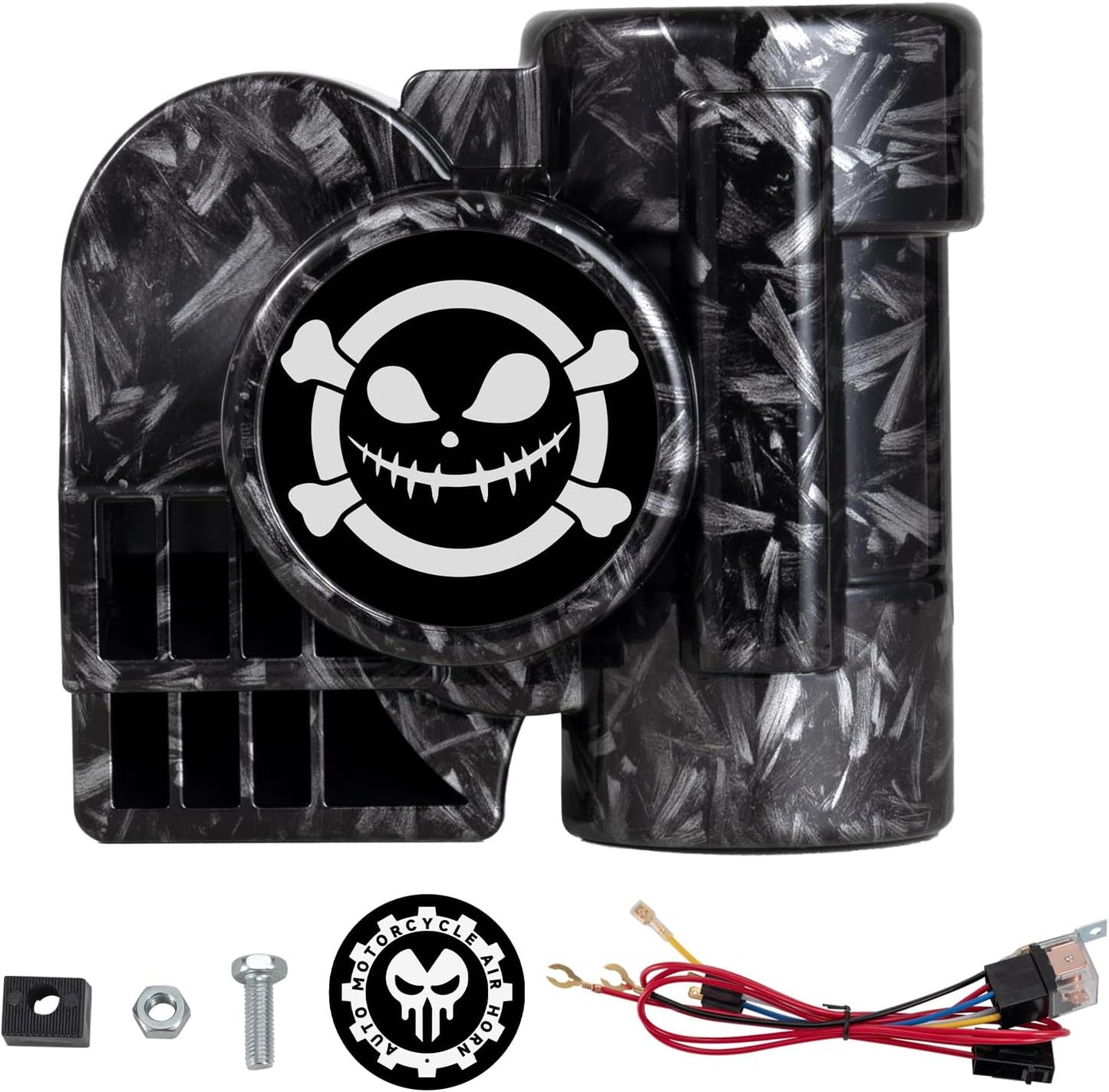 Loud Car Horn with Relay,150dB Train Horn for Motorcycle,12V Air Horns for Car,Black & Gray Personalized Pattern,Dark Style Motorcycle Waterproof Snail Horns