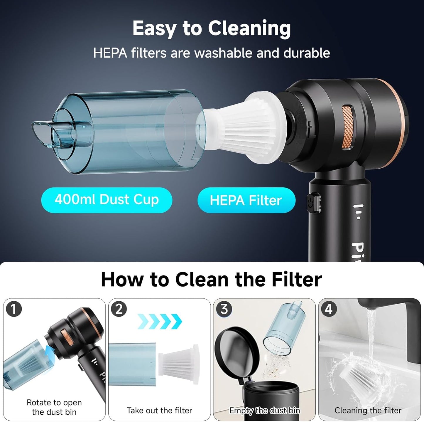 Handheld Vacuum Cordless, Car Vacuum Cleaner with Brushless Motor, Strong Suction Vacuum & Compressed Air Dusters with LED Light, Wireless Mini Portable Hand Vacuum Blower for Home, Pet (Black)