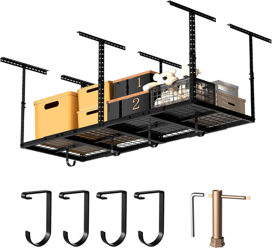Heavy-Duty 3x8 Overhead Garage Storage Rack with Adjustable Ceiling Shelving with 600lbs Weight Capacity，22 lbs per Hook, Steel Hanging Organizer for Tools, Bins & Bikes Black