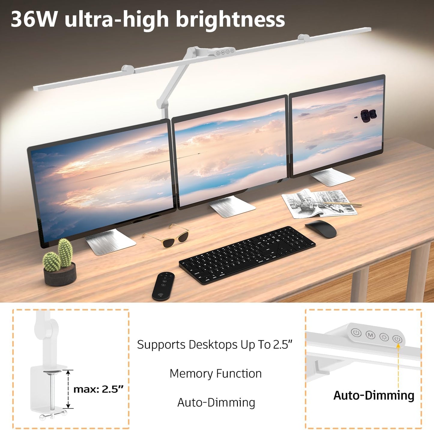 36W Ultra Bright Architect Desk Lamp with Clamp, Tall Overhead Rotatable Led Desk Light for Home Office, 47Inch Long Adjustable Monitor Light Bar with Remote for Computer Screen Desktop Table