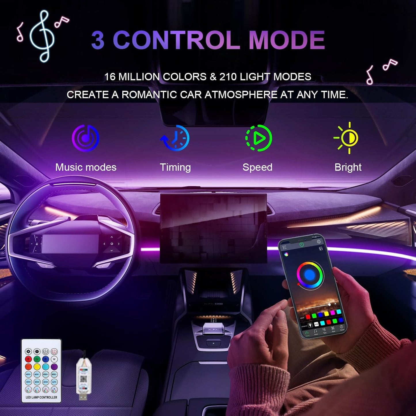 Acrylic LED Lights for Car, 43.3in RGB Strip Light Car LED Lights Interior with USB Port, App Control, Music Sync, 146 LEDs Interior Ca r Lights for Women Men Gifts