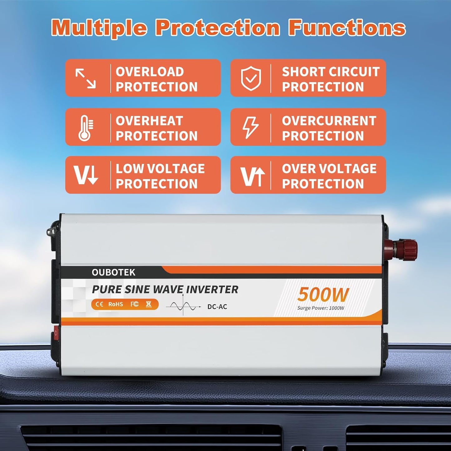 500W Power Inverter, DC 12V to 120V AC Converter for Vehicles Car, Pure Sine Wave Adapter with USB Port and 2 AC Outlets Car Charger for Laptop Smartphone Small Power Tool