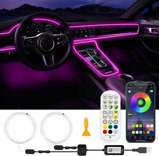 USB Car LED Lights, Interior Car Lights Strip with APP and RF Remote Control, 2 in 1 Ambient Lighting with 157 inches Fiber Optic Music Sync Simple Installation EL Wire Lights (2 in 1/157 inches)