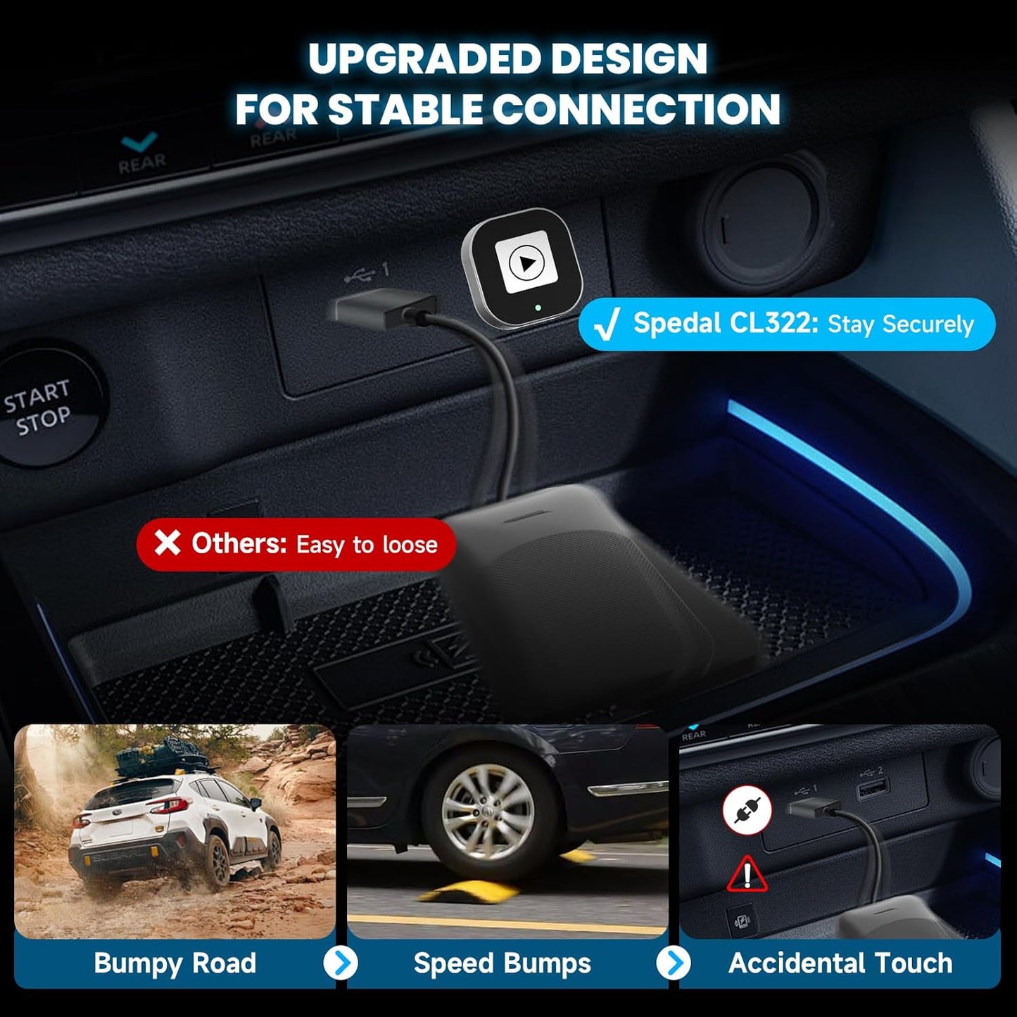 Spedal CL322 Wireless CarPlay & Android Auto Adapter – 2025 Upgrade Mini Design - Converts OEM Wired to Wireless, Plug & Play, Auto Reconnect, Compatible with iPhone 6+, Android 11+ (2016+ Cars)