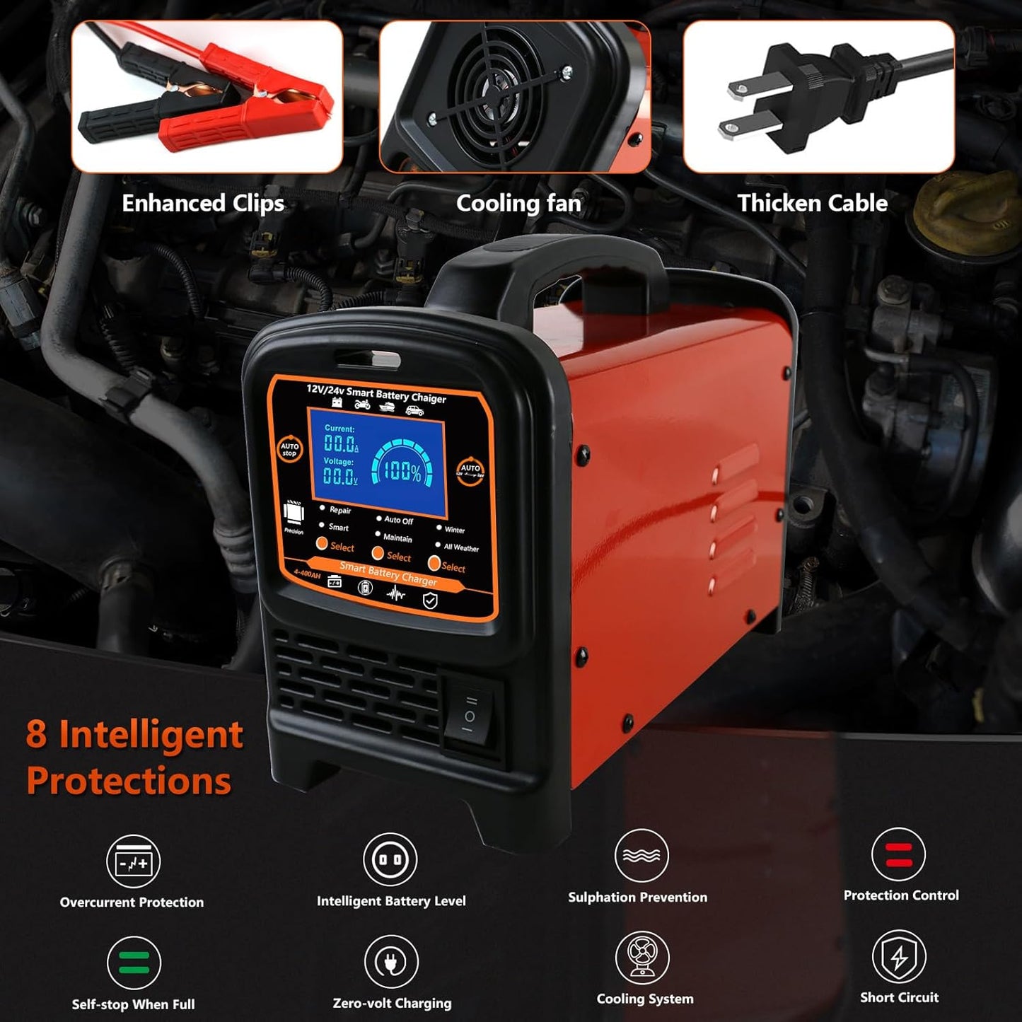 12V 24 Volt Car Battery Charger Heavy Duty, 0-15A Smart Automatic Battery Maintainer, High/Low Power Trickle Charger and Desulfator with Auto Shutoff, Repair, Winter Mode, for Car Truck Boat RV
