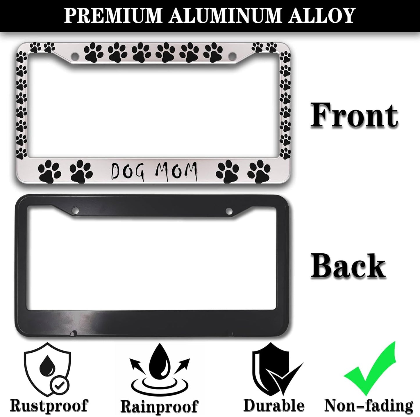 Fun License Plate Frame Cover Black and White License Plate Frames Dog Mom Dog Lover Aluminum Metal Car Accessory 2 Pack with Screw Covers Set