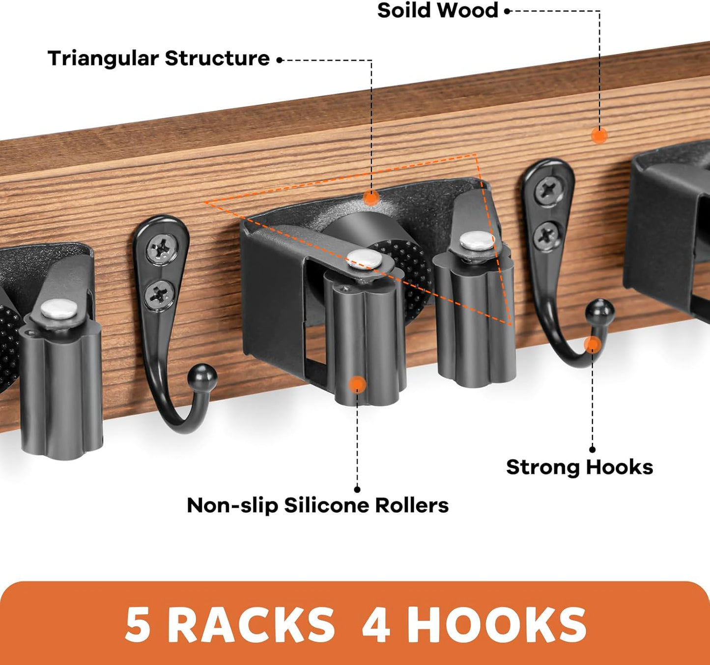 IMILLET Broom Holder Wall Mount, Rustic Wood Broom Hanger with 5 Racks and 4 Hooks, Laundry Room Organization and Storage, Mop Holder for Home Decor, Garden, Garage, Kitchen, Closet