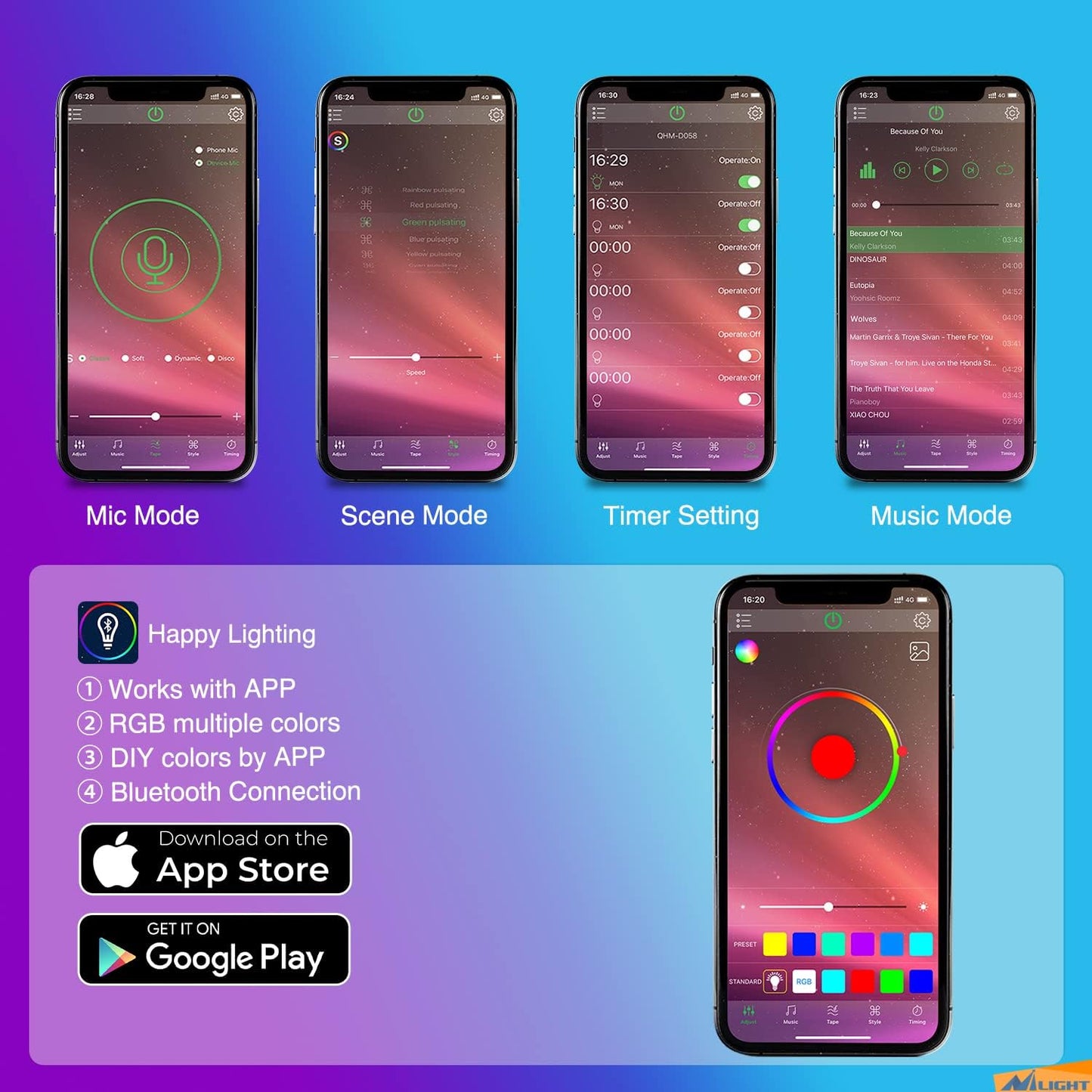 Nilight RGB LED Car Interior Stripe Light with APP Control Multicolor Music Sync Mode Waterproof Car Under-Glow Lighting Lamp Kits Universal Cars Truck ATV UTV