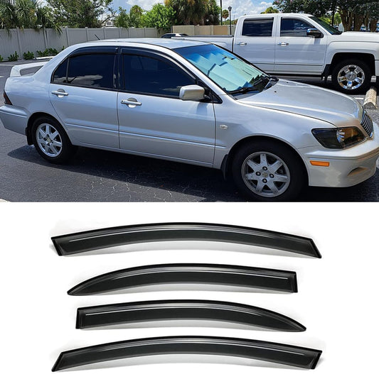 94229 Side Window Wind Deflector fit for 2002-2006 Mitsubishi Lancer, 4pcs Out-Channel Tape-On Nice Rain Guards Set, Dark Smoke Nice Window Visor