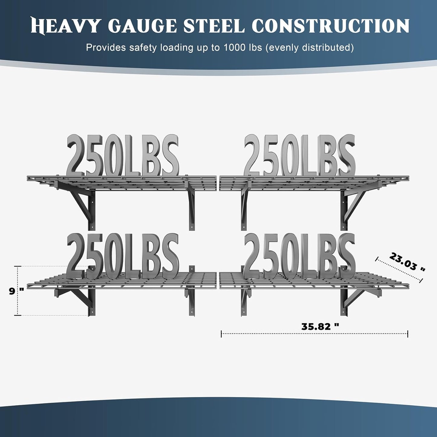 4 Pack Heavy Duty Garage Wall Shelving Set (2x3ft), Wall Mounted Garage Shelves 1000lbs Capacity, 24"x72" Shelf Storage Rack Floating Shelves, Black