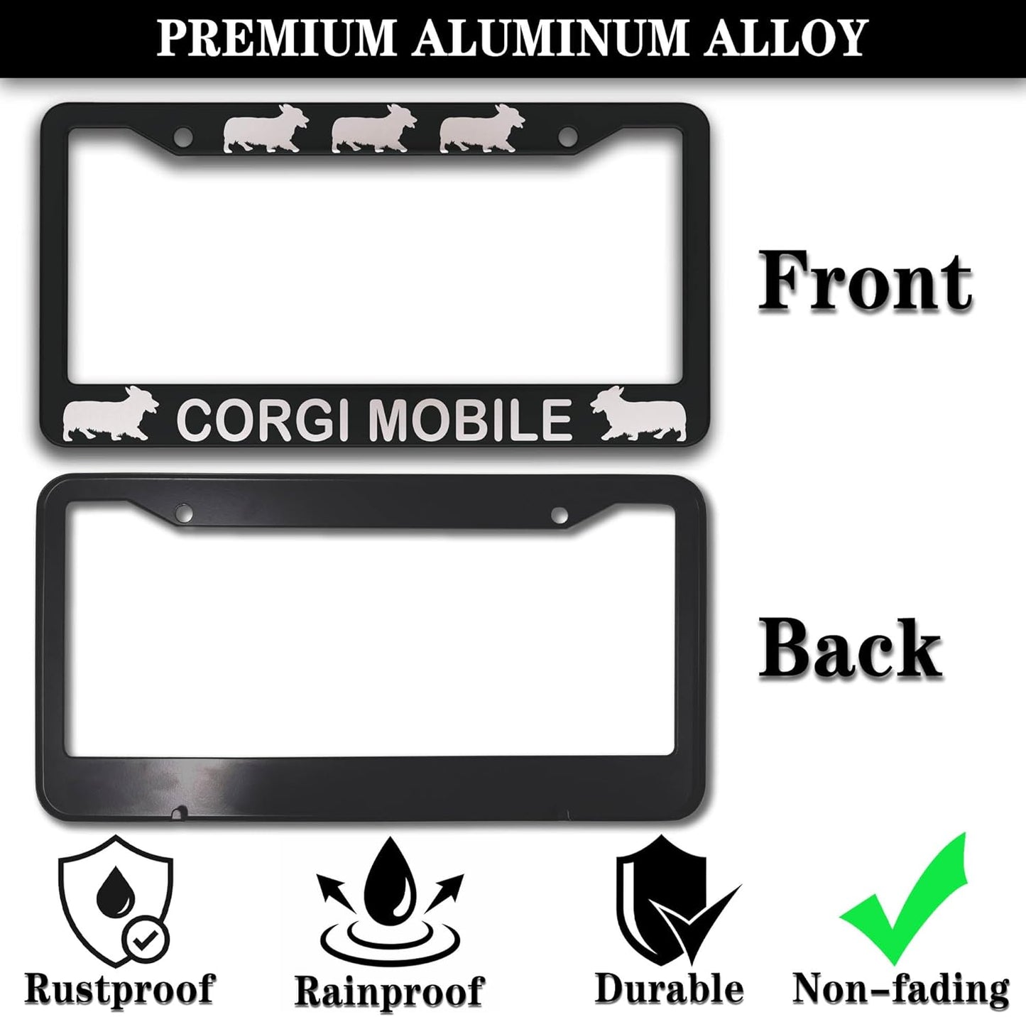 License Plate Frames for Women Black and White License Plate Frame for Men Corgi Mobile Aluminum Metal Car Accessory 2 Pack with Screw Covers Set