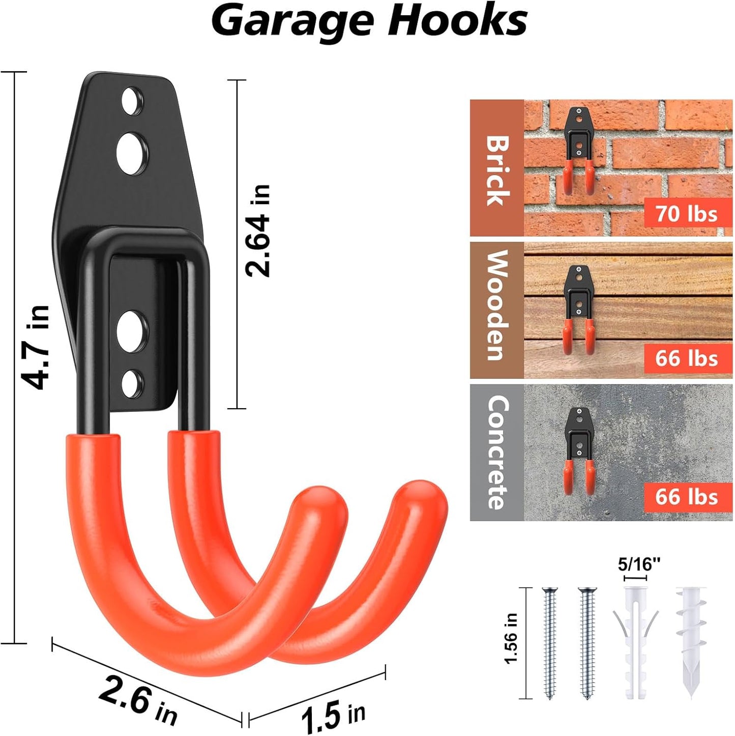 8 Pack 4.7x2.6 inch J Heavy Duty Garage Hooks,Solid Steel Wall Mount Hangers,with Anti-Slip Coating,for Hanging and Organising Ladder,Bike,Ropes,Broom,Garden,Yard and Power Tools