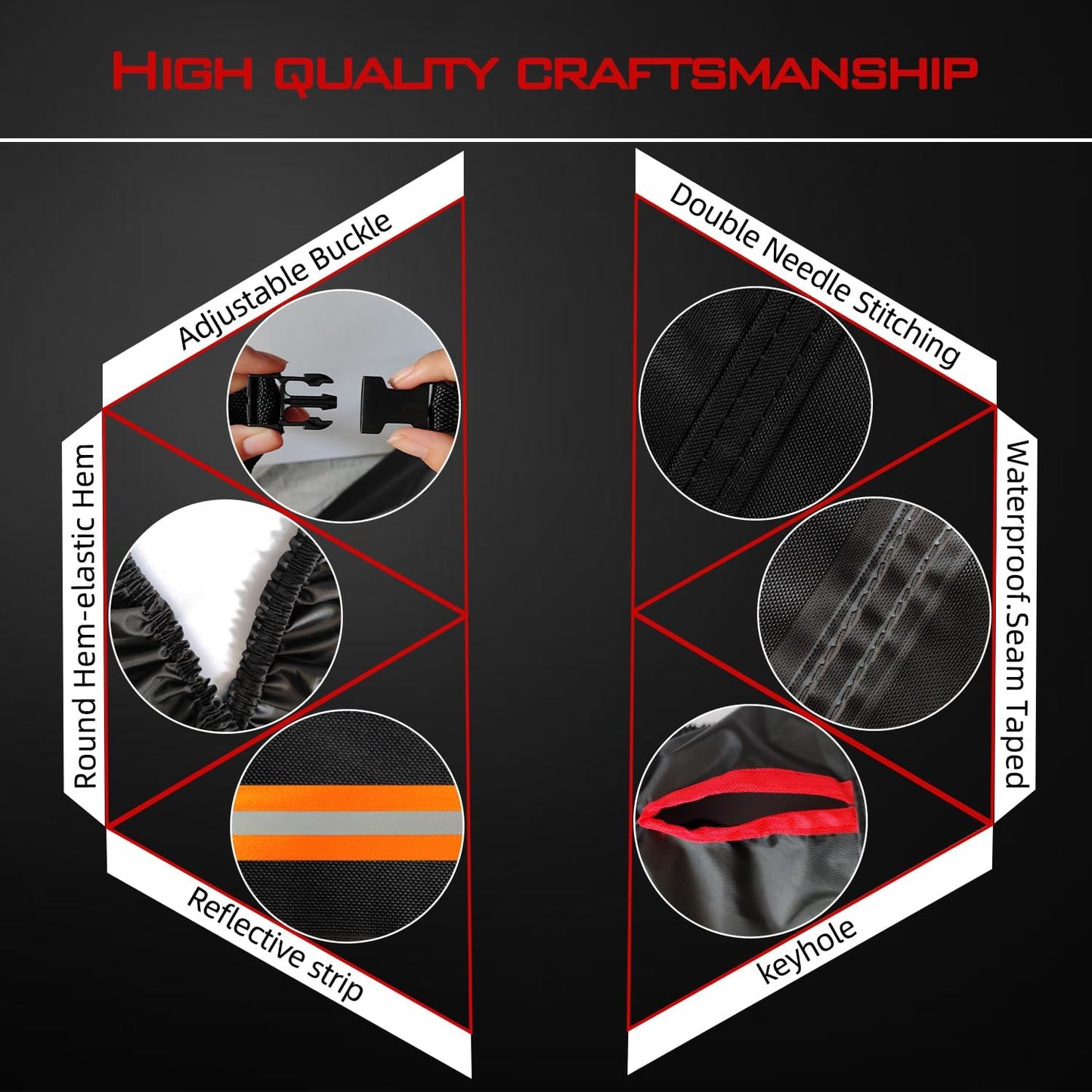 Motorcycle Cover, Heavy Duty 600D Oxford, Waterproof Outdoor, Weather Resistant, Rip-Proof, Anti-UV with 5 Reflective Strips, 2 Lock-Holes, 1 Windproof Strap, 1 Storage Bag (97.5" x 41" x 50")