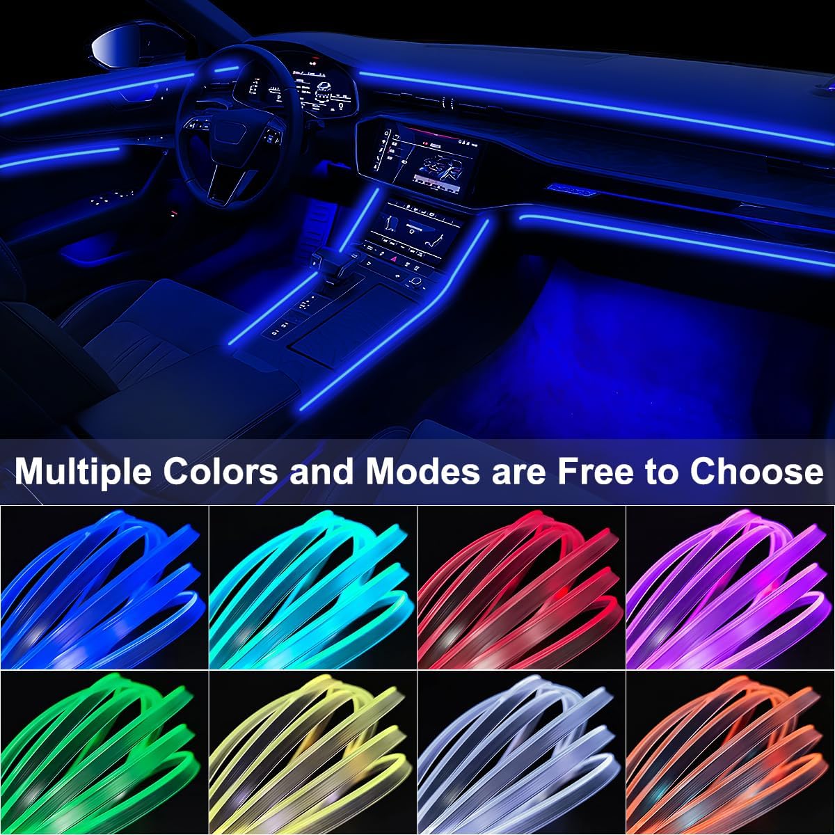 Interior Car LED Strip Lights with Wireless APP & Remote Control, RGB 2 in 1 Car Ambient Lighting Kit with 158 Inches Fiber Optic, Inside Neon Dash Strip with Music Mode
