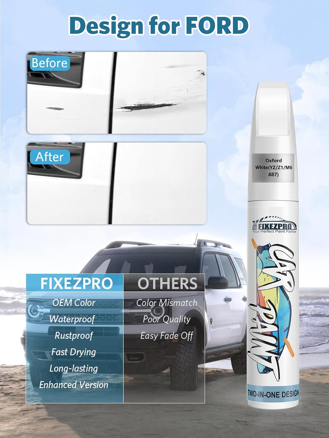 Oxford White(YZ/Z1/M6887) Touch Up Paint for Ford, Car Paint Scratch Repair Remover Pen Color Exact Match, Quick and Easy Fix Automotive Chips and Nicks Scuff