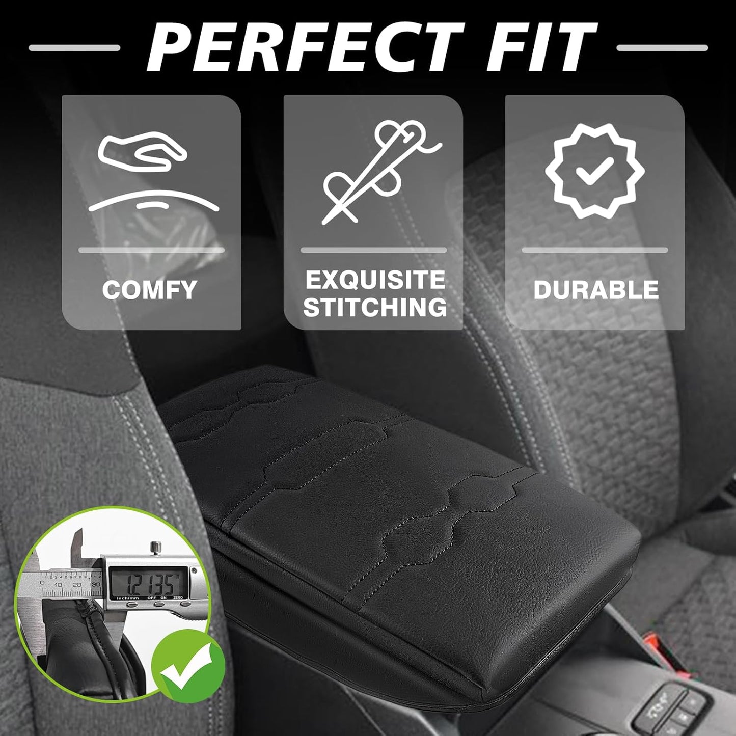 Muslogy Center Console Armrest Cover Compatible with Ford Ranger 2024 2025 Accessories Comfort Armrest Pad Cushion Box Lid Cover Vegan Leather Protector 1-Inch Extra Thick(Black/Black Stitching)