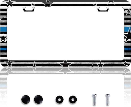 American Flag Blue Line License Plate Frame Star Flag License Plate Frames Personalise Stainless Steel Funny Design Compatible With Standard License Plate Holder For Usa Canada 6 X 12 Inch With Screws