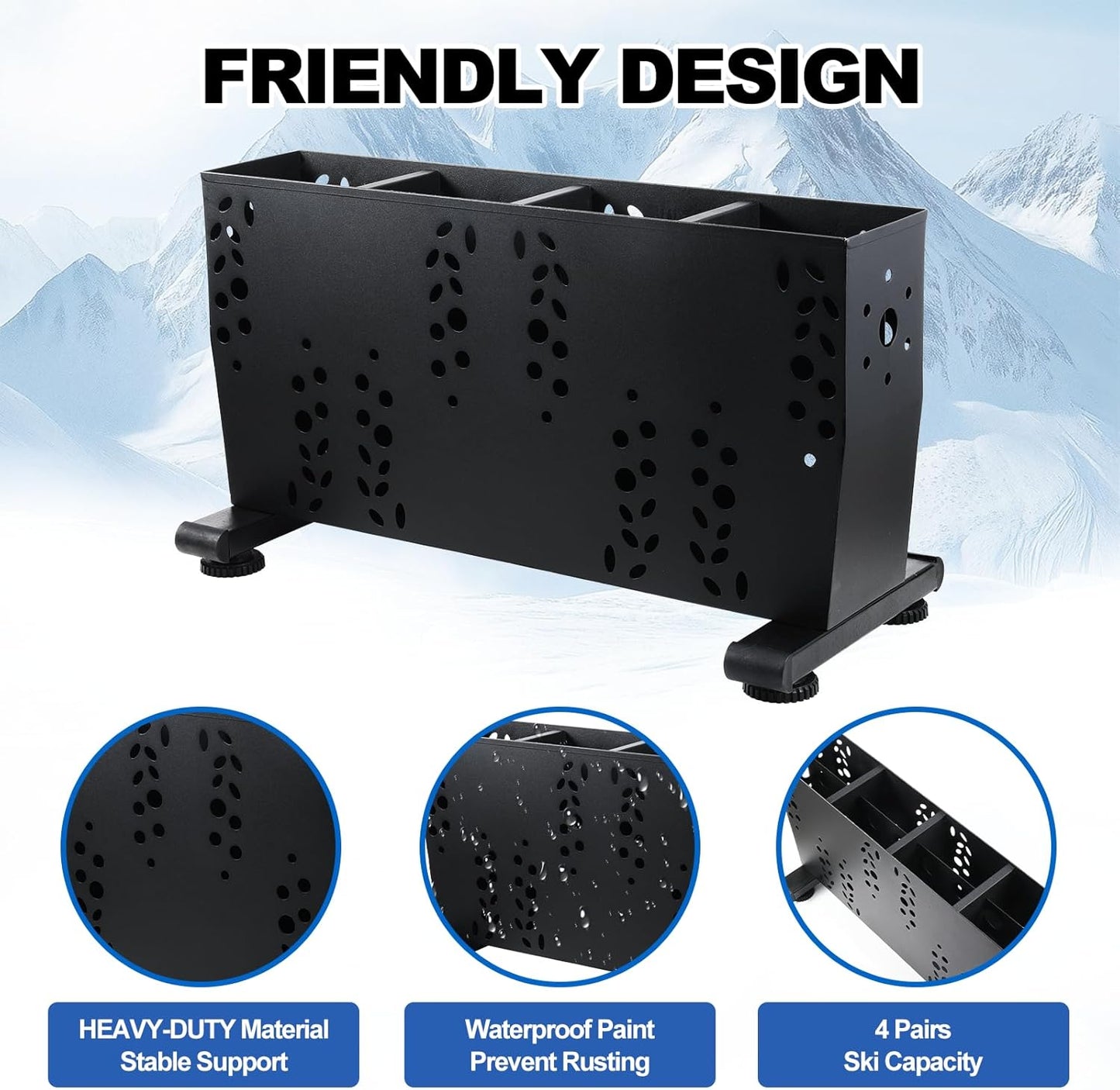 Freestanding Ski Storage Rack for 4 Pairs, Floor Stand Ski Organizer Rack, Heavy Duty Alloy Steel Ski Holders Ski Organizer, Freestanding Ski Organizer for Garage Basement