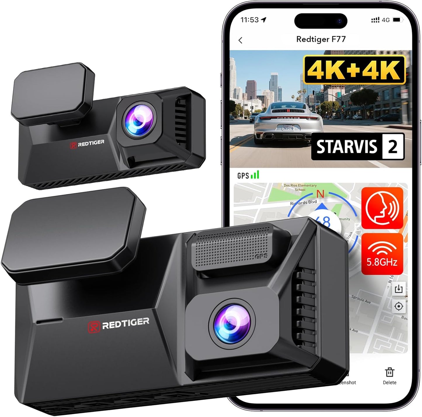 REDTIGER F77 4K+4K Dash Cam Front and Rear, Dual STARVIS 2 IMX678 HDR, Built-in 128GB eMMC, Voice Control Dash Camera for Cars with 5.8GHz WiFi, 4'' Touch Screen, GPS, Night Vision, 24H Parking Mode