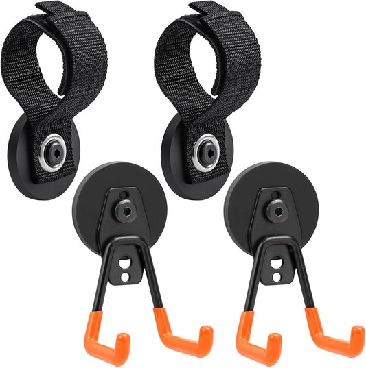 Homde Heavy Duty Magnetic Hook, 2 Velcro Strap and 2 Magnet Holder Combine, 2.6 inch Strong Utility Garage Hanger for Workshop,Toolbox, Storage (2 Black + 2 Orange)