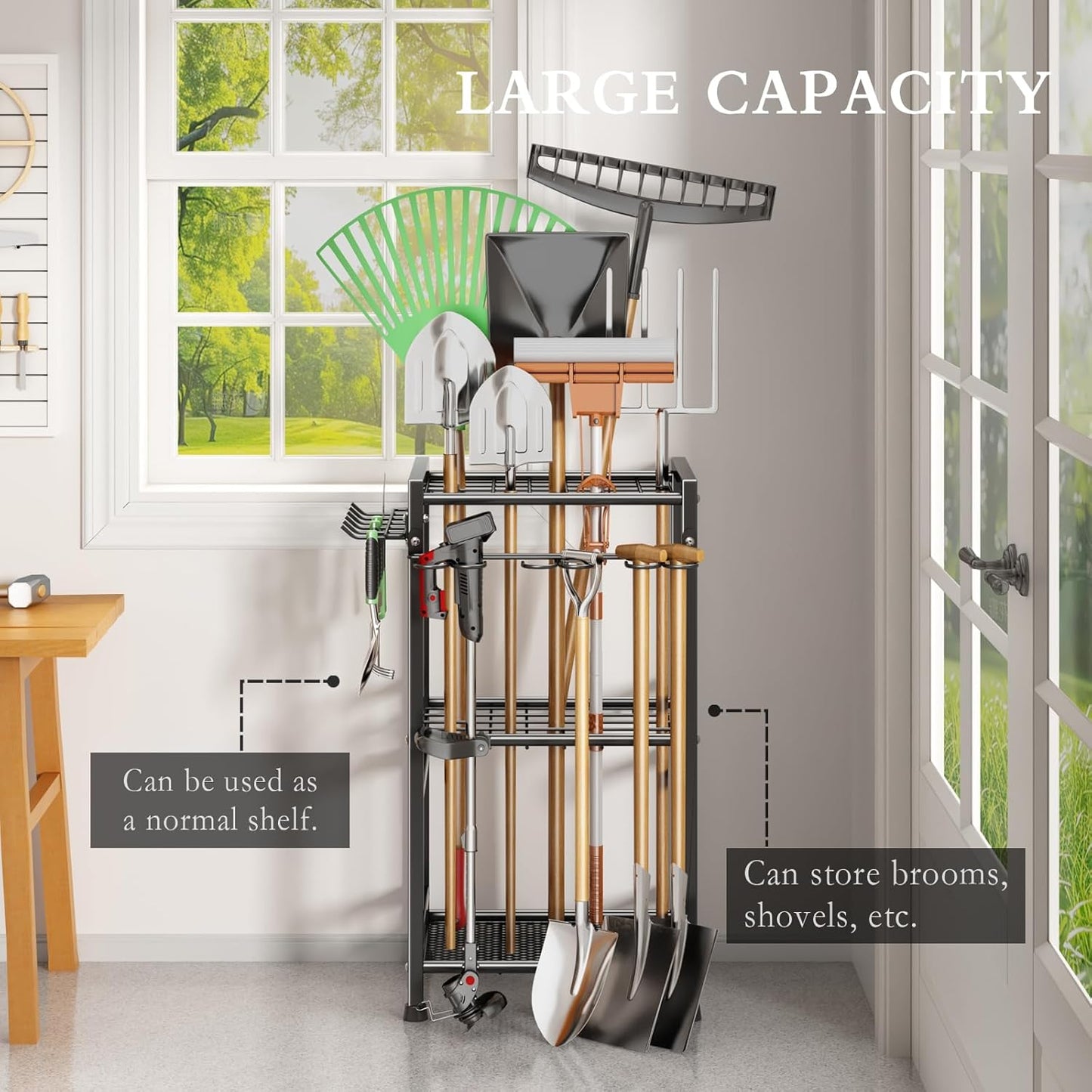 Garden Tool Organizer Storage Metal Yard Tool Organizer Heavy Duty Garden Tool Rack Stand with Extra Hooks, Up To 35 Long Handled Shovels/Rakes/Brooms Holder for Garage,Shed,Outdoor(Black)