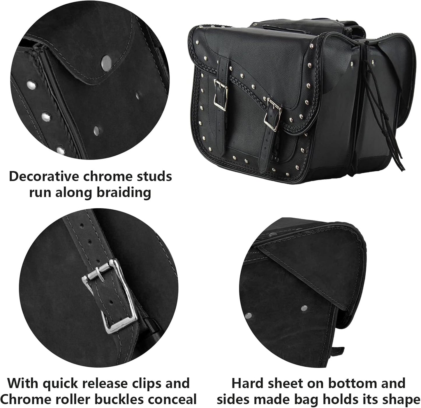 Synthetic Leather Motorcycle Luggage Bag - Waterproof Throw Over Saddlebags For Motorcycles - Softails, Sportsters, Choppers, Dyna, V-star, Shadow (With Studs, Black, 13'x13'x10')