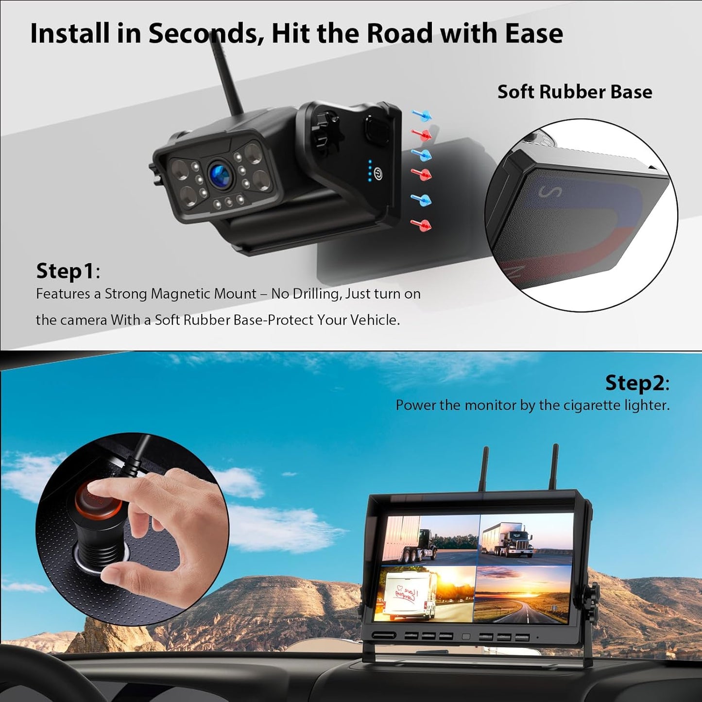 Magnetic Wireless Backup Camera: Portable Rechargeable Battery, 10" HD 1080P DVR Monitor with Rear View Side View Camera for Travel Trailer/Fifth Wheels/RV/Camper BC103