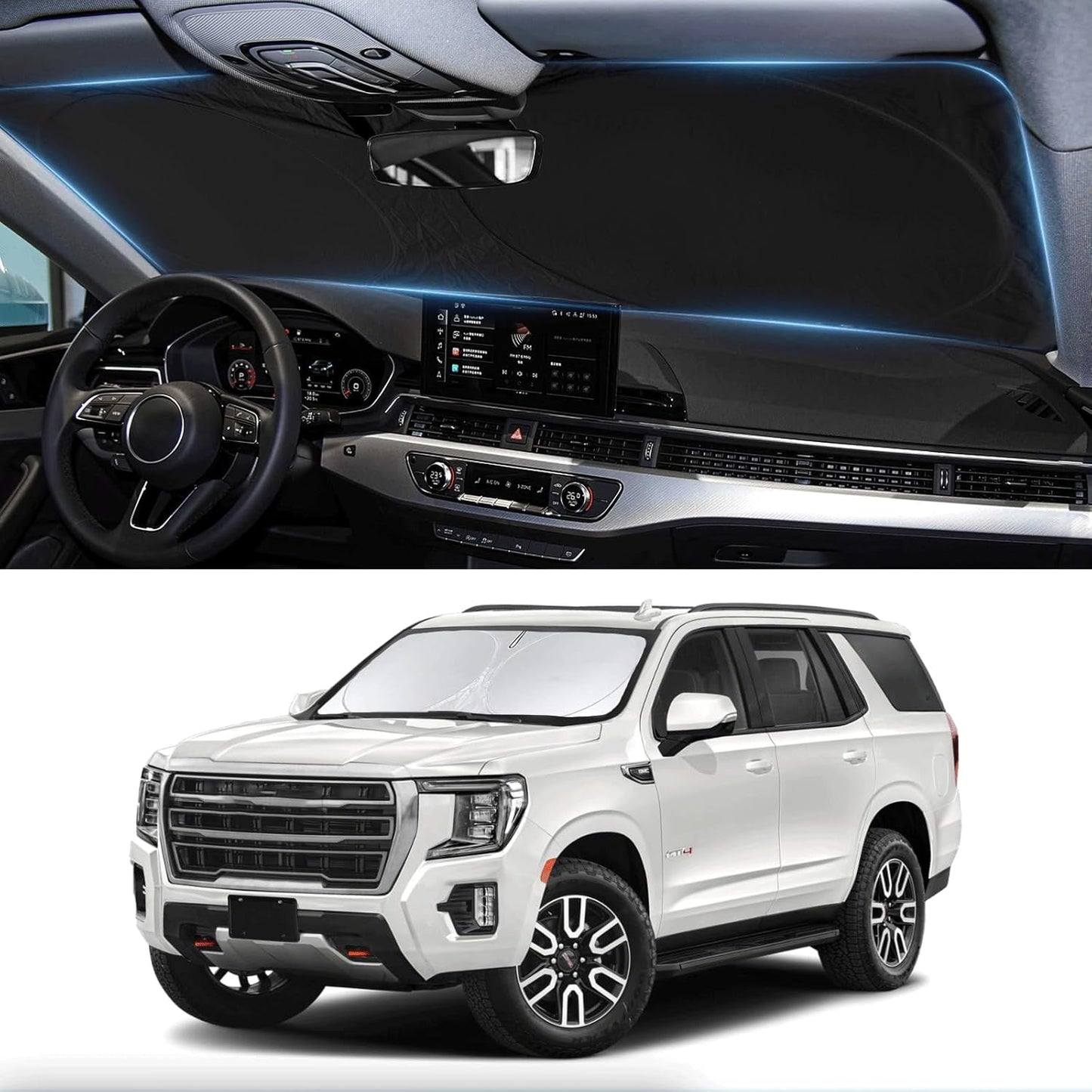 Custom Windshield Sunshade for 2021 2022 2023 2024 2025 GMC Yukon XL Accessories Front Window Shades Cover for Windshield Sun Visor Screen Protector 210T Reflective Blocks UV Rays Cool Car Accessories