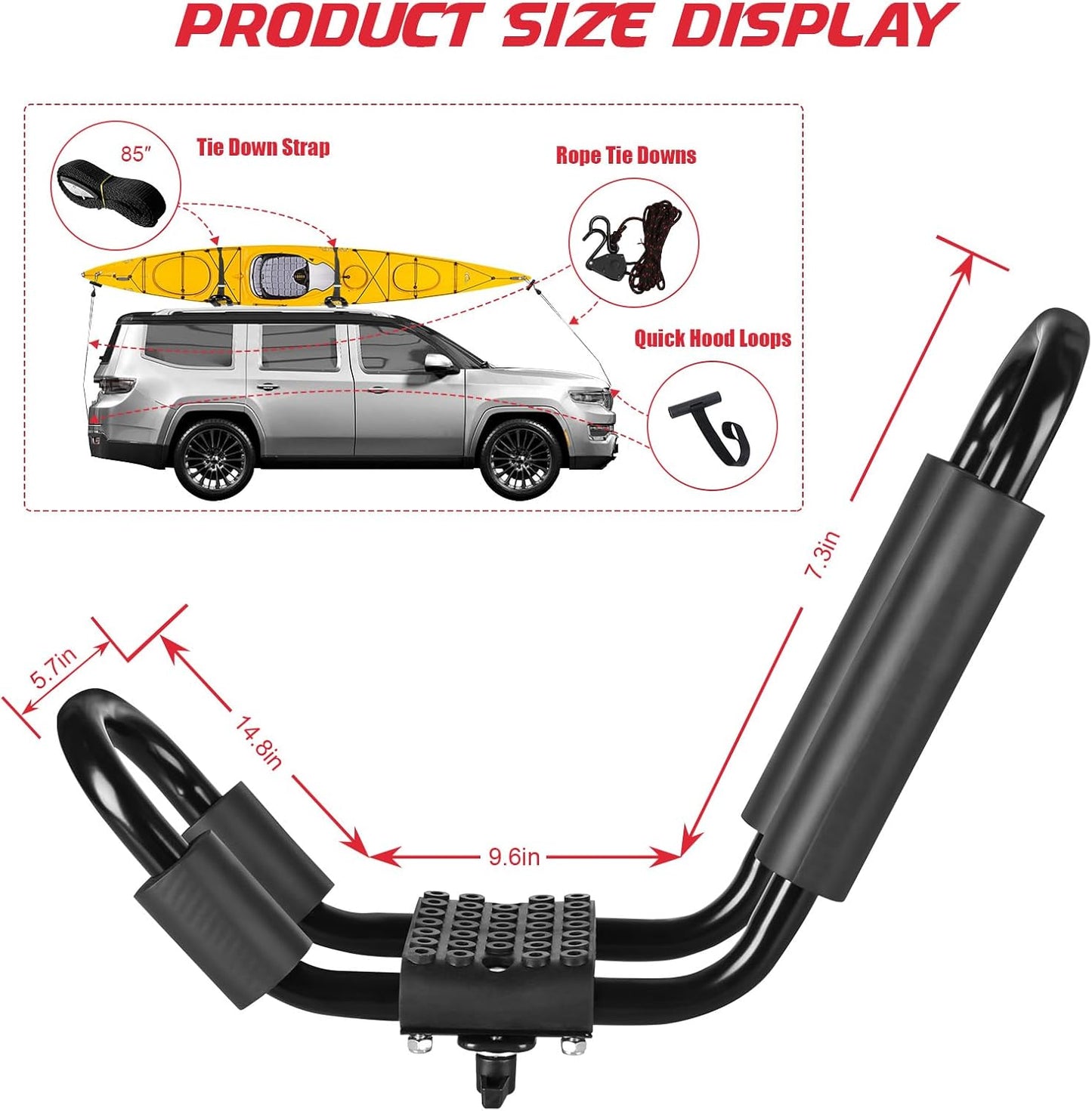FORWODE Heavy Duty Kayak Roof Rack, 2 Pair J-Bar Kayak Rack with 4 Ratchet Tie, 4 S-Hook Ratchet Straps, 4 Anchor Belts for Kayak Canoe Boat Surf Ski on SUV Car Truck Crossbar