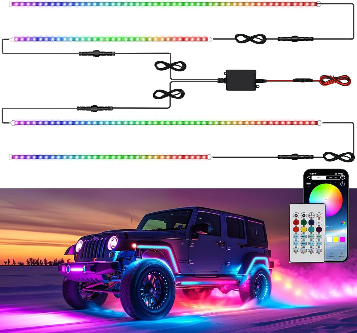 Underglow LED Lights for Cars 252 LEDs RGBI Neon Accent Strip Lights with App and 16 Million Colors DIY & Music Mode Underbody Exterior Lights Kit for RV SUV Truck Boat 12V
