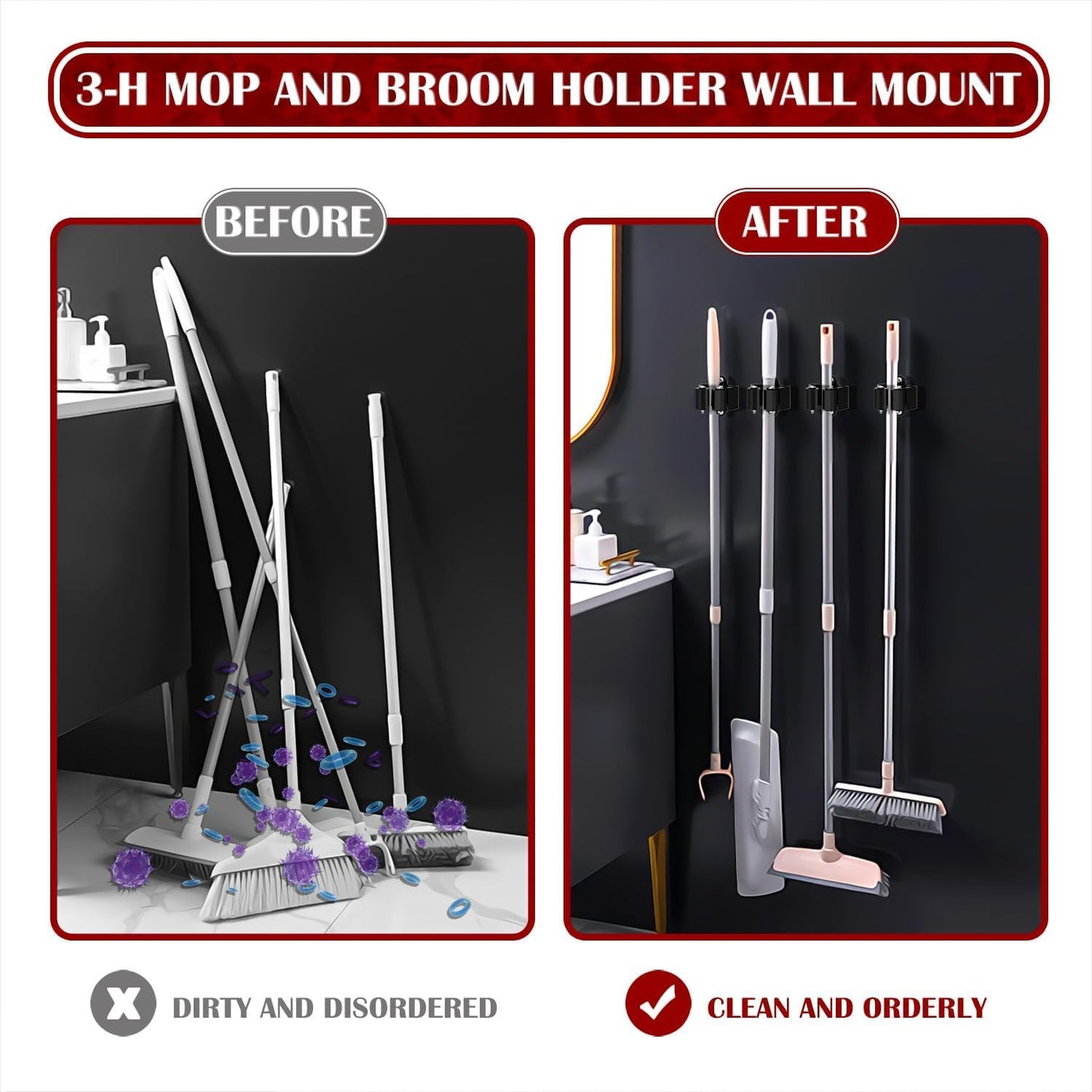 3-H Stainless Steel Broom Holder Wall Mount 15-Pack- Heavy Duty Mop Organizer, Wall Mounted Broom Storage with Secure Mounting for Laundry Garage Bathroom