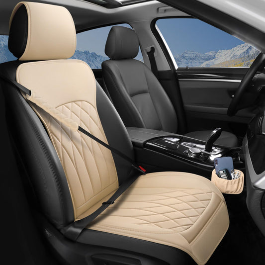 1 Pack Leather Front Car Seat Cover, Universal Sideless Car Seat Protector with Storage Pocket and Seat Belt Pad, Waterproof Automotive Seat Cover Cars Trucks SUV(Beige)